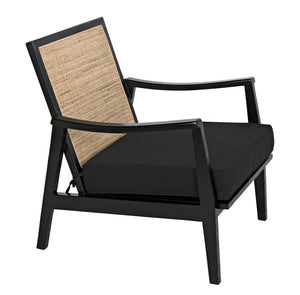 Lichtenstein Sungkai and Mindi Wood Chair with Peeled Rattan Detailing in Charcoal Black with Black Cotton Upholstery