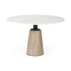 Maxwell 48L x 48W x 30H White Marble Round Top W/ Black Metal and Wood Pedestal Base Dining Table