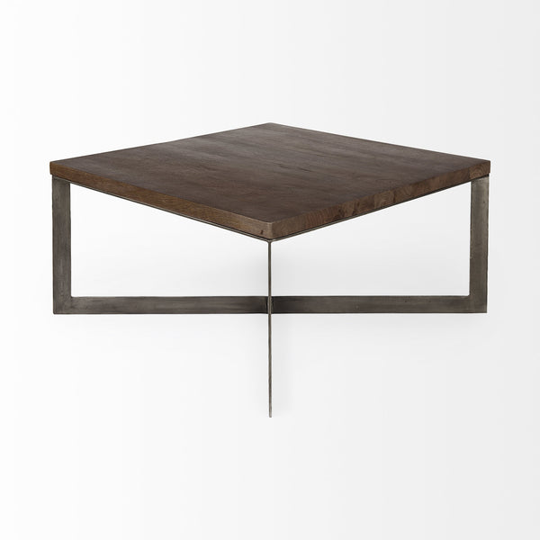 Faye 34L x 34W x 17H Medium Brown Wood W/Antique Nickel Metal Base Square Coffee Table