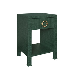 ONE DRAWER SIDE TABLE WITH ANTIQUE BRASS CIRCLE HARDWARE IN DYED GREEN GRASSCLOTH