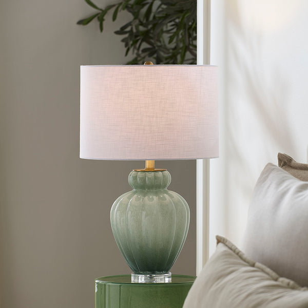 Agnes Blown Glass Table Lamp with Linen Shade, Celadon