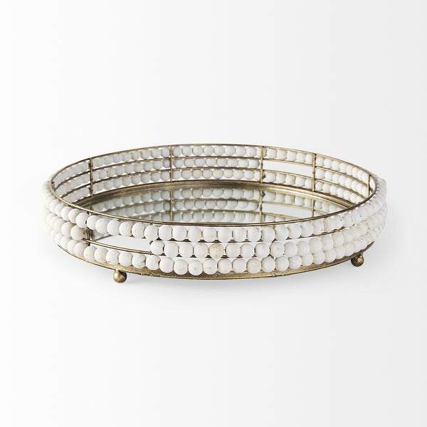 Decatur I 21L x 21W White Wooden Bead Mirrored Bottom Round Tray