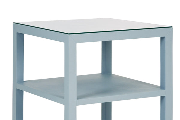 THREE TIER SQUARE SIDE TABLE IN TEXTURED LIGHT BLUE LINEN