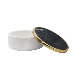 WHITE MARBLE CONTAINER WITH BLACK MARBLE TOP WITH BRASS RIM