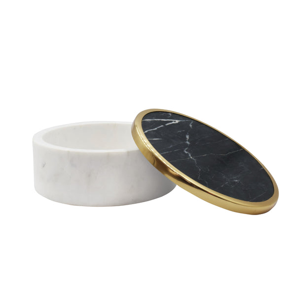 WHITE MARBLE CONTAINER WITH BLACK MARBLE TOP WITH BRASS RIM