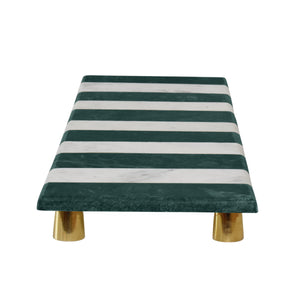 GREEN AND WHITE MARBLE TRAY WITH BRASS FEET