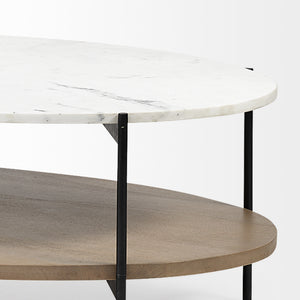Larkin 48" Oval White Marble Top and Solid Wood Shelf w/ Black Metal Frame Coffee Table