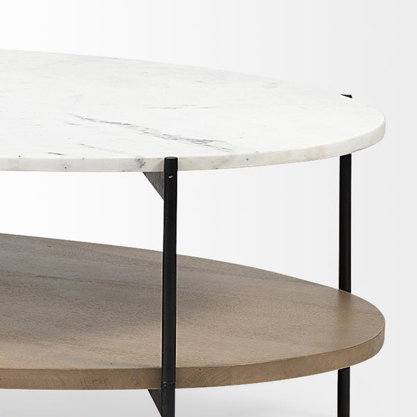 Larkin 48" Oval White Marble Top and Solid Wood Shelf w/ Black Metal Frame Coffee Table