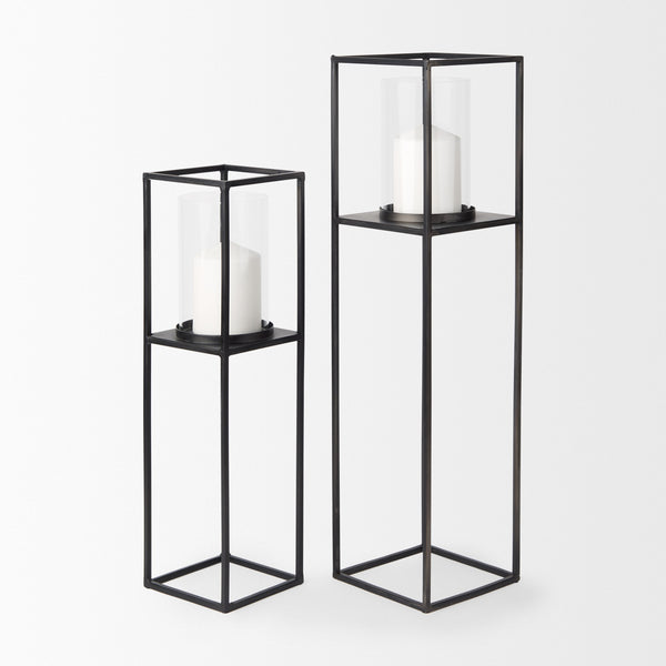 Cindy Set of 2 Matte Black Metal and Hurricane Glass Pillar Tabletop Candle Holders