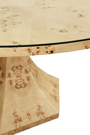 ROUND DINING TABLE WITH HEXAGONAL TAPERED BASE IN BURL WOOD