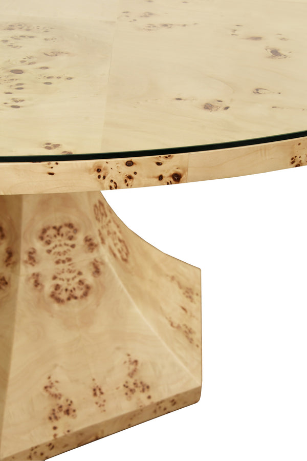 ROUND DINING TABLE WITH HEXAGONAL TAPERED BASE IN BURL WOOD