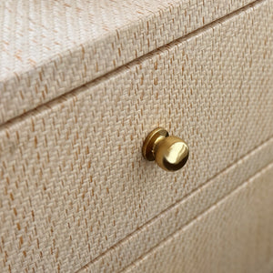TWO DRAWER SIDE TABLE WITH OPEN TOP SHELF IN NATURAL GRASSCLOTH WITH POLISHED BRASS KNOBS