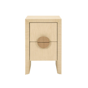 TWO DRAWER SMALL SIDE TABLE IN NATURAL GRASSCLOTH WITH CERUSED OAK HANDLES