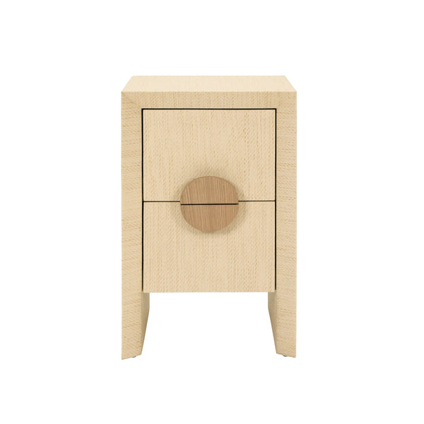 TWO DRAWER SMALL SIDE TABLE IN NATURAL GRASSCLOTH WITH CERUSED OAK HANDLES