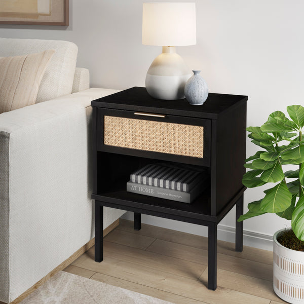 Caine KD Rattan Nightstand/Side Table, Black