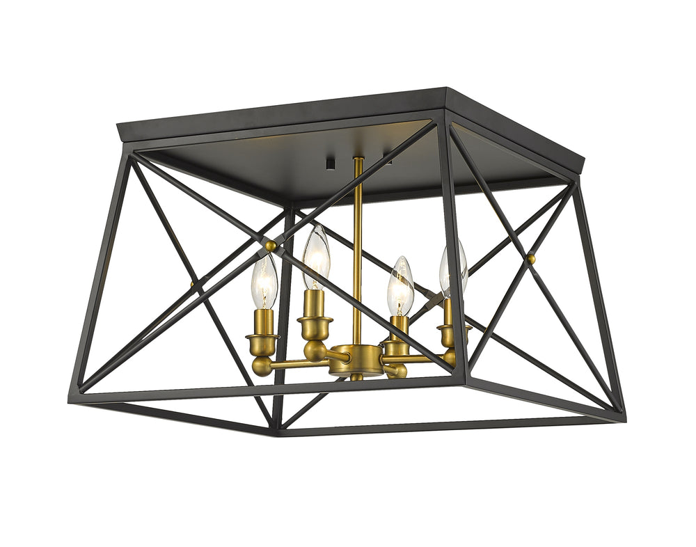 Trestle 4 Light Flush Mount in Matte Black + Olde Brass Finish