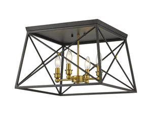 Trestle 4 Light Flush Mount in Matte Black + Olde Brass Finish