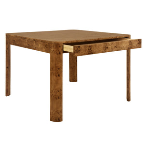 SQUARE TWO DRAWER CURVED CORNER GAME TABLE IN DARK BURL WOOD