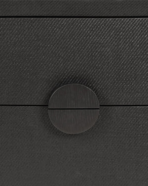 TWO DRAWER SIDE TABLE IN BLACK PAINTED GRASSCLOTH WITH BLACK OAK HANDLES
