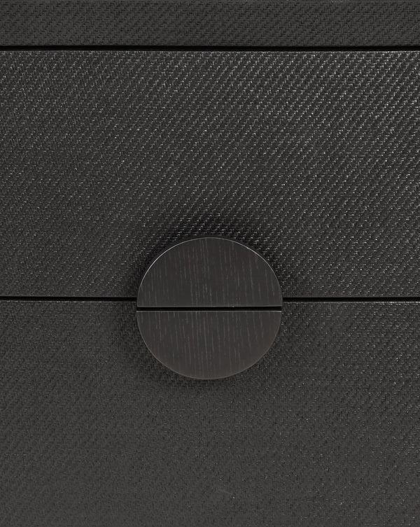 TWO DRAWER SIDE TABLE IN BLACK PAINTED GRASSCLOTH WITH BLACK OAK HANDLES