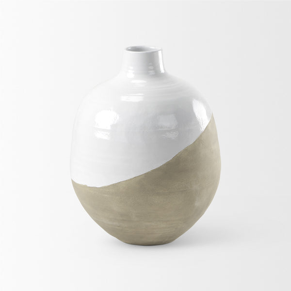 Amos 18.5L x 18.5W x 24.4H White and Dark Beige Color Blocked Ceramic Floor Vase