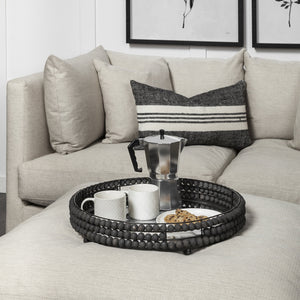 Decatur II 21L x 21W Black Wooden Bead Mirrored Bottom Round Tray
