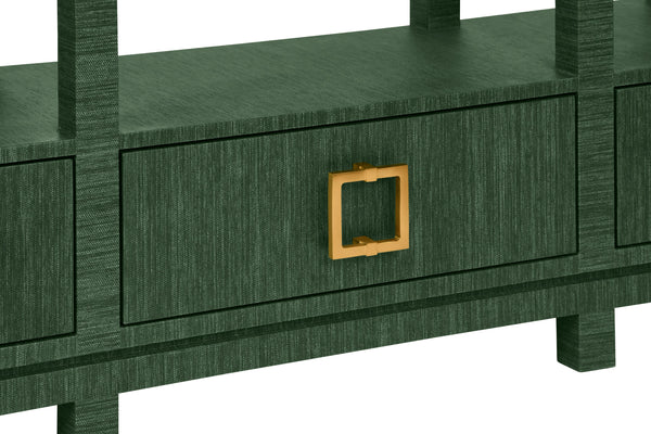 OPEN SHELF CONSOLE WITH THREE BOTTOM DRAWERS AND SQUARE SATIN BRASS HARDWARE IN DYED GREEN GRASSCLOTH