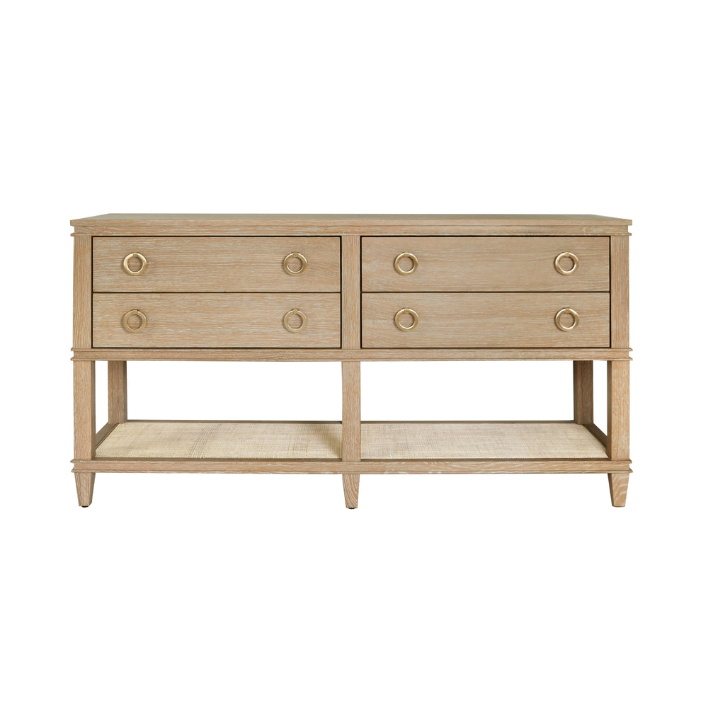 FOUR DRAWER CONSOLE WITH OPEN CANE SHELF IN CERUSED OAK