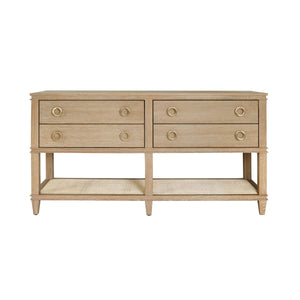 FOUR DRAWER CONSOLE WITH OPEN CANE SHELF IN CERUSED OAK