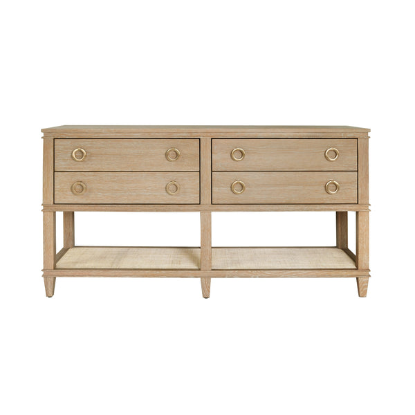 FOUR DRAWER CONSOLE WITH OPEN CANE SHELF IN CERUSED OAK
