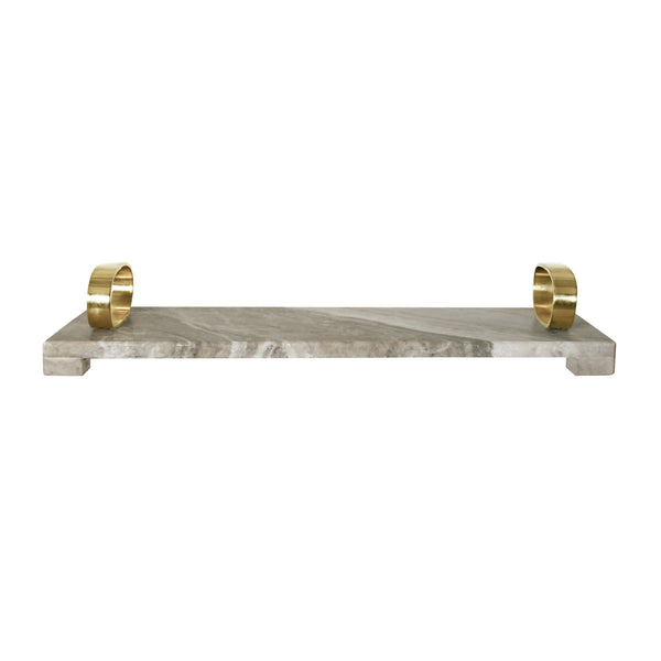 BEIGE MARBLE TRAY WITH BRASS OVAL SHAPED HANDLE