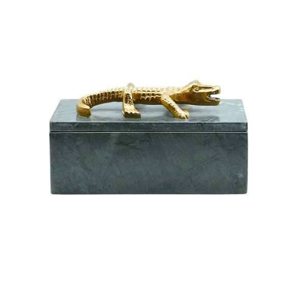 GREEN MARBLE BOX WITH BRASS ALLIGATOR HANDLE