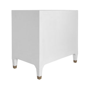 THREE DRAWER SIDE TABLE IN TEXTURED WHITE LINEN WITH ANTIQUE BRASS AND ACRYLIC HARDWARE
