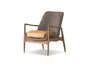 Reynolds Lounge Chair in ash grey fabric with tan leather seat