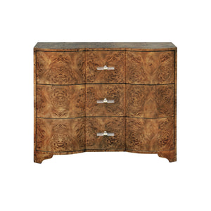 3 DRAWER CHEST IN DARK BURL WOOD WITH ACRYLIC HARDWARE