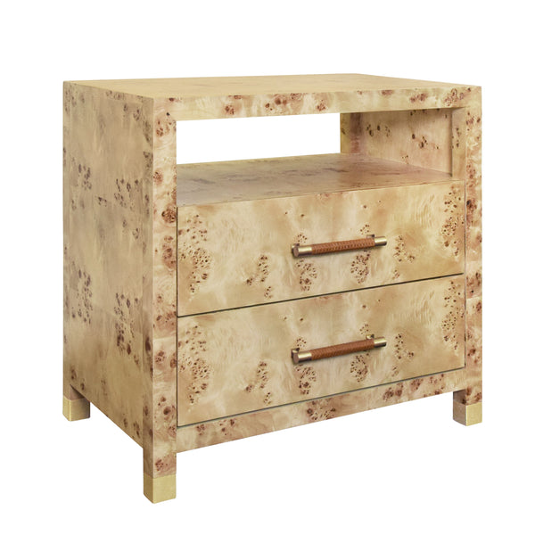 TWO DRAWER SIDE TABLE WITH RATTAN WRAPPED HANDLES IN BURL WOOD