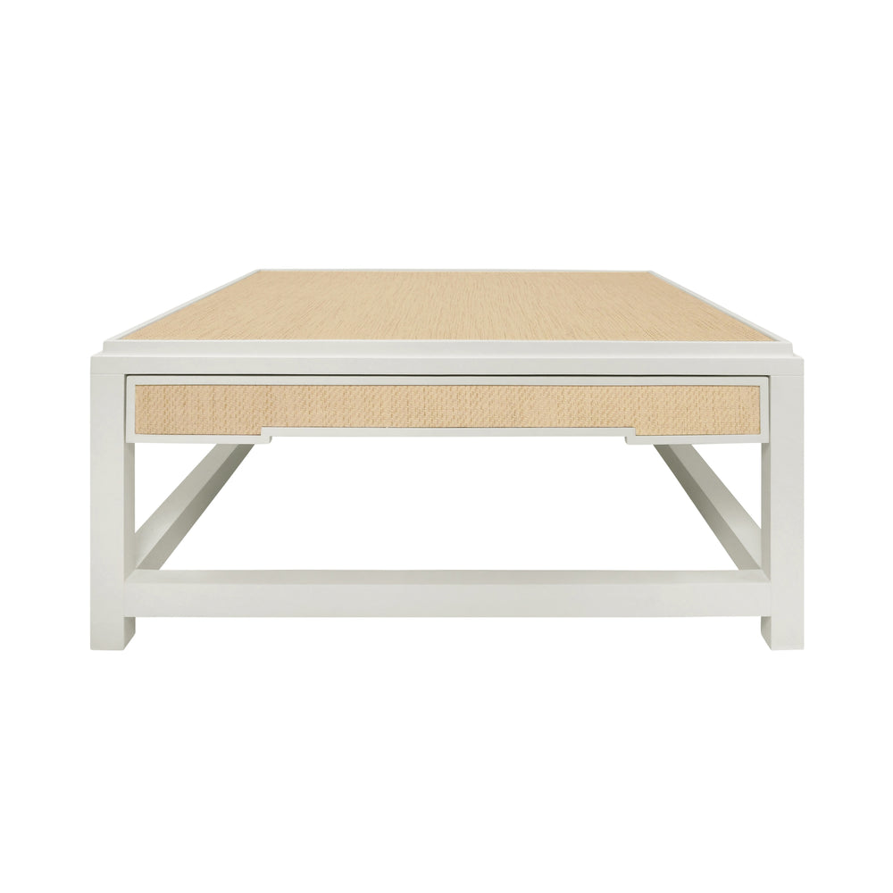 TWO HIDDEN DRAWER COFFEE TABLE WITH MATTE WHITE LACQUER FRAME AND INSET NATURAL GRASSCLOTH