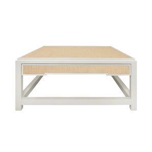 TWO HIDDEN DRAWER COFFEE TABLE WITH MATTE WHITE LACQUER FRAME AND INSET NATURAL GRASSCLOTH