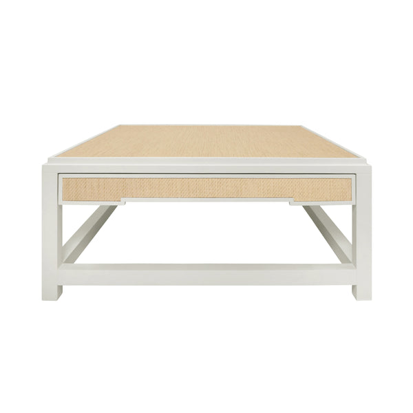 TWO HIDDEN DRAWER COFFEE TABLE WITH MATTE WHITE LACQUER FRAME AND INSET NATURAL GRASSCLOTH