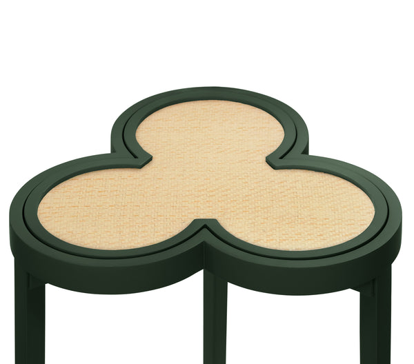 CLOVER CIGAR TABLE WITH REVERSIBLE LACQUER AND NATURAL GRASSCLOTH TOP IN MATTE DARK GREEN LACQUER