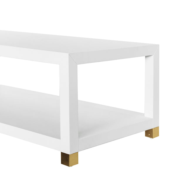 COFFEE TABLE WITH ANTIQUE BRASS FOOT CAPS IN MATTE WHITE LACQUER