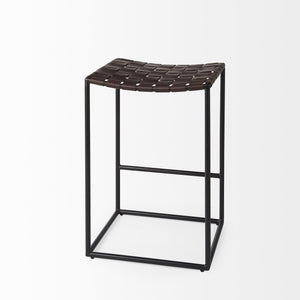 Clarissa 18.0L x 16.0W x 26.25H Dark Brown Woven Leather Seat W/ Black Iron Frame Counter Stool
