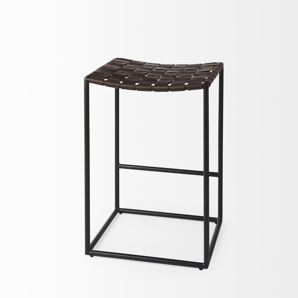 Clarissa 18.0L x 16.0W x 26.25H Dark Brown Woven Leather Seat W/ Black Iron Frame Counter Stool