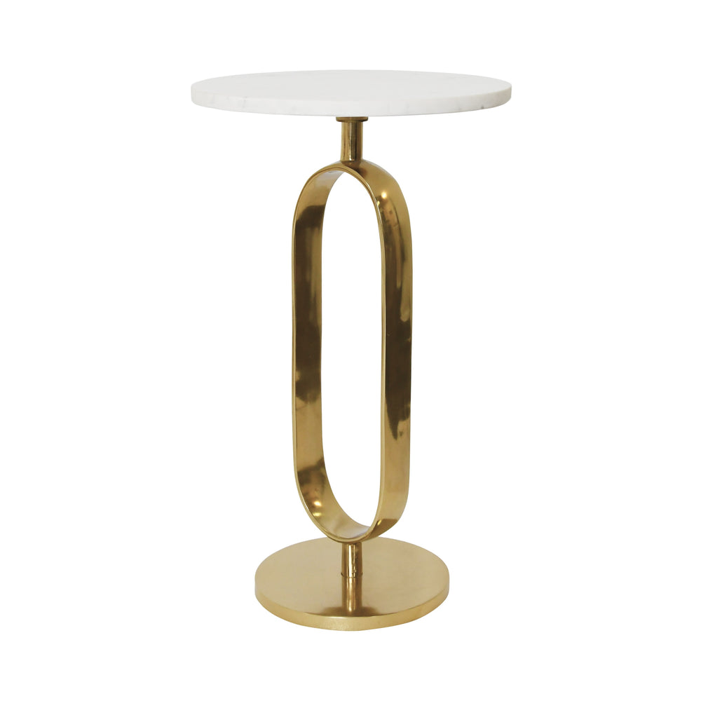 ROUND SIDE TABLE WITH BRASS RACETRACK DETAIL BASE AND WHITE MARBLE TOP