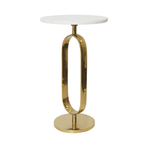 ROUND SIDE TABLE WITH BRASS RACETRACK DETAIL BASE AND WHITE MARBLE TOP