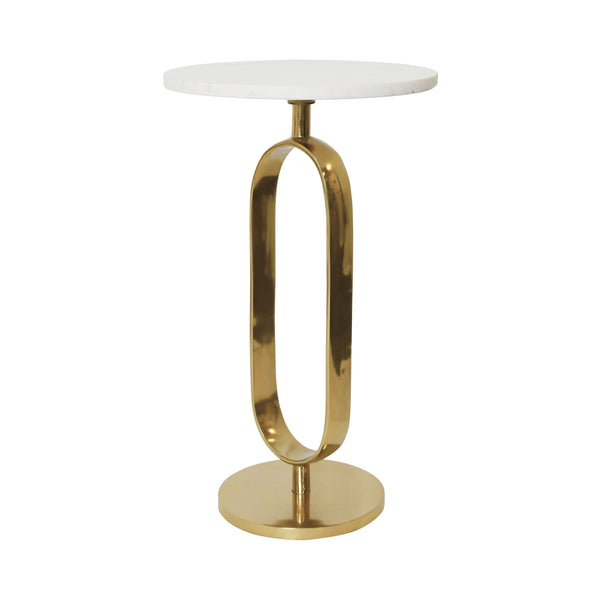 ROUND SIDE TABLE WITH BRASS RACETRACK DETAIL BASE AND WHITE MARBLE TOP