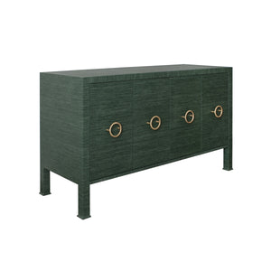 FOUR DOOR BUFFET WITH ANTIQUE BRASS CIRCLE HARDWARE IN DYED GREEN GRASSCLOTH