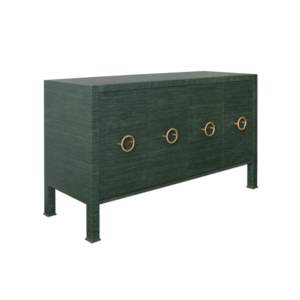 FOUR DOOR BUFFET WITH ANTIQUE BRASS CIRCLE HARDWARE IN DYED GREEN GRASSCLOTH