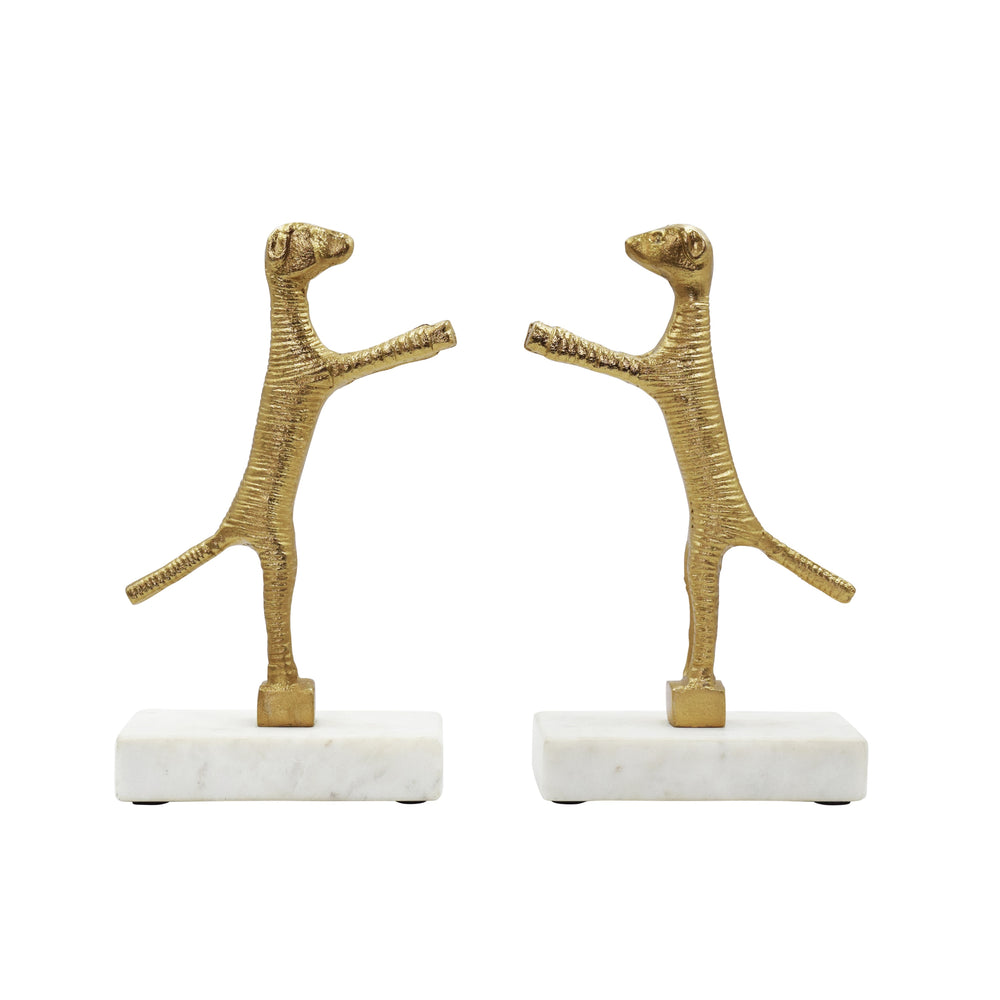 PAIR OF DOG BOOKENDS IN BRASS FINISH ON WHITE MARBLE BASE