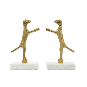 PAIR OF DOG BOOKENDS IN BRASS FINISH ON WHITE MARBLE BASE